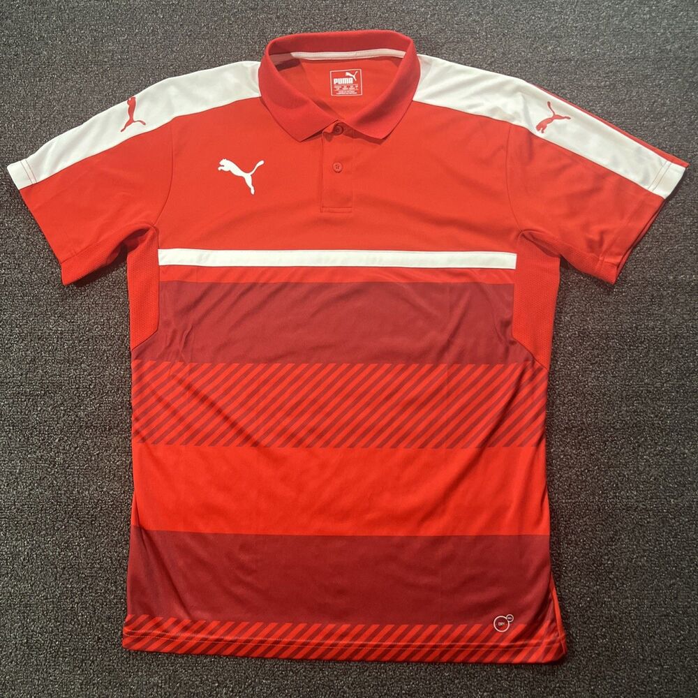Puma Mens DryCell Performance Polo Shirt Red‎ Striped Short Sleeve Large L